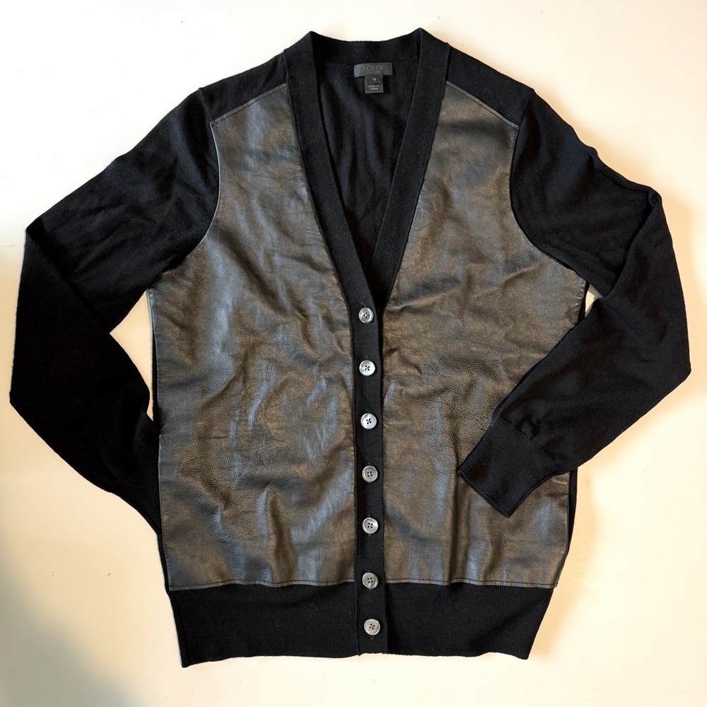 J.Crew Collection black leather and wool cardigan